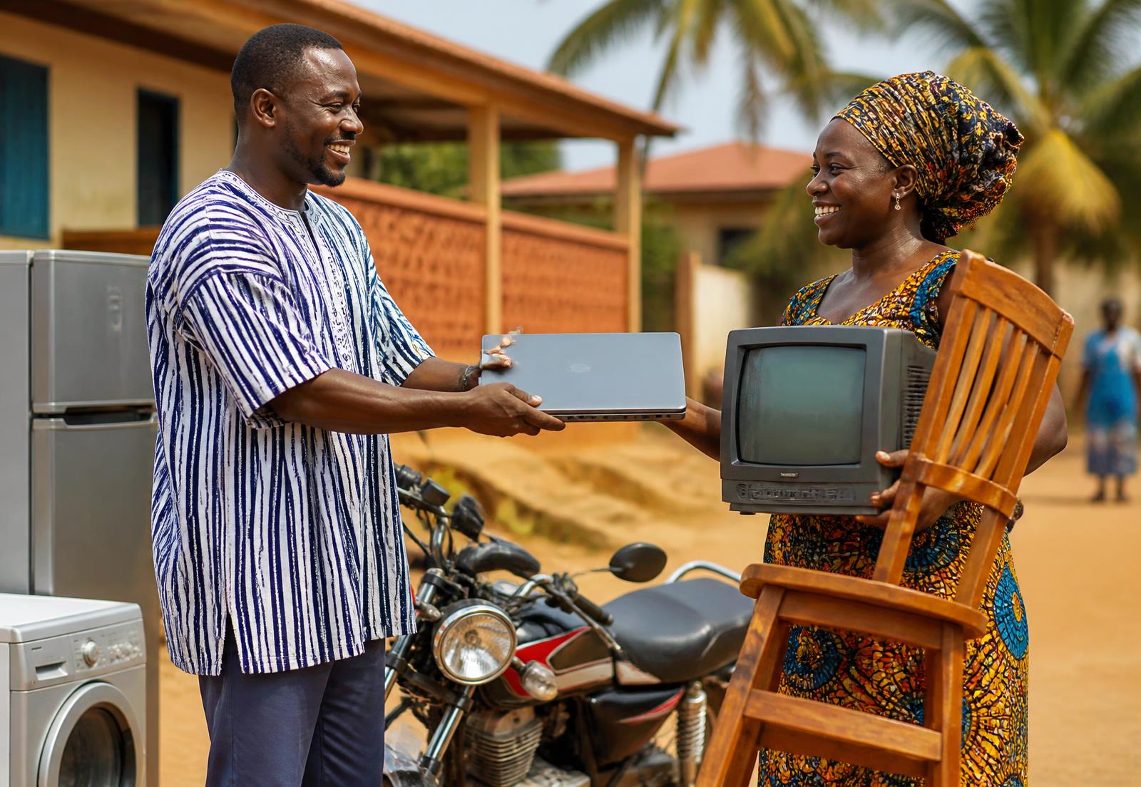 Two traders in Ghana exchanging a laptop for a television and furniture